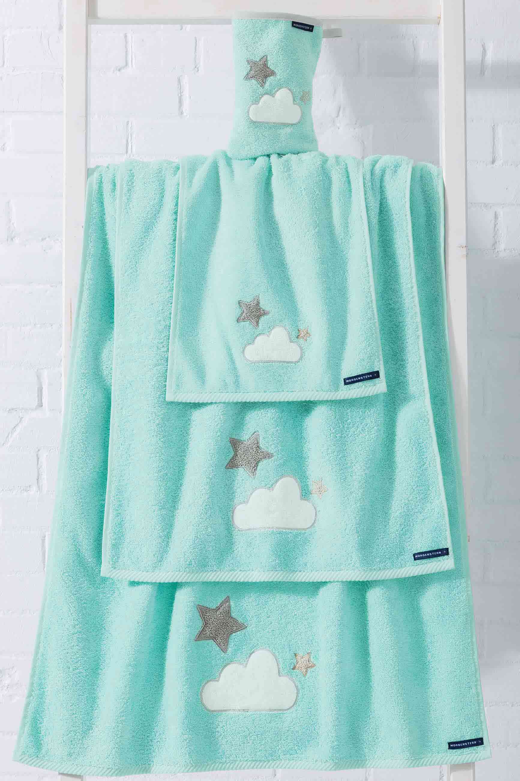Kinderhandtuch Serie Wolken und Sterne, Morgenstern, Baumwolle, türkis Kinderhandtuch Serie Wolken und Sterne, Morgenstern, Baumwolle, türkis