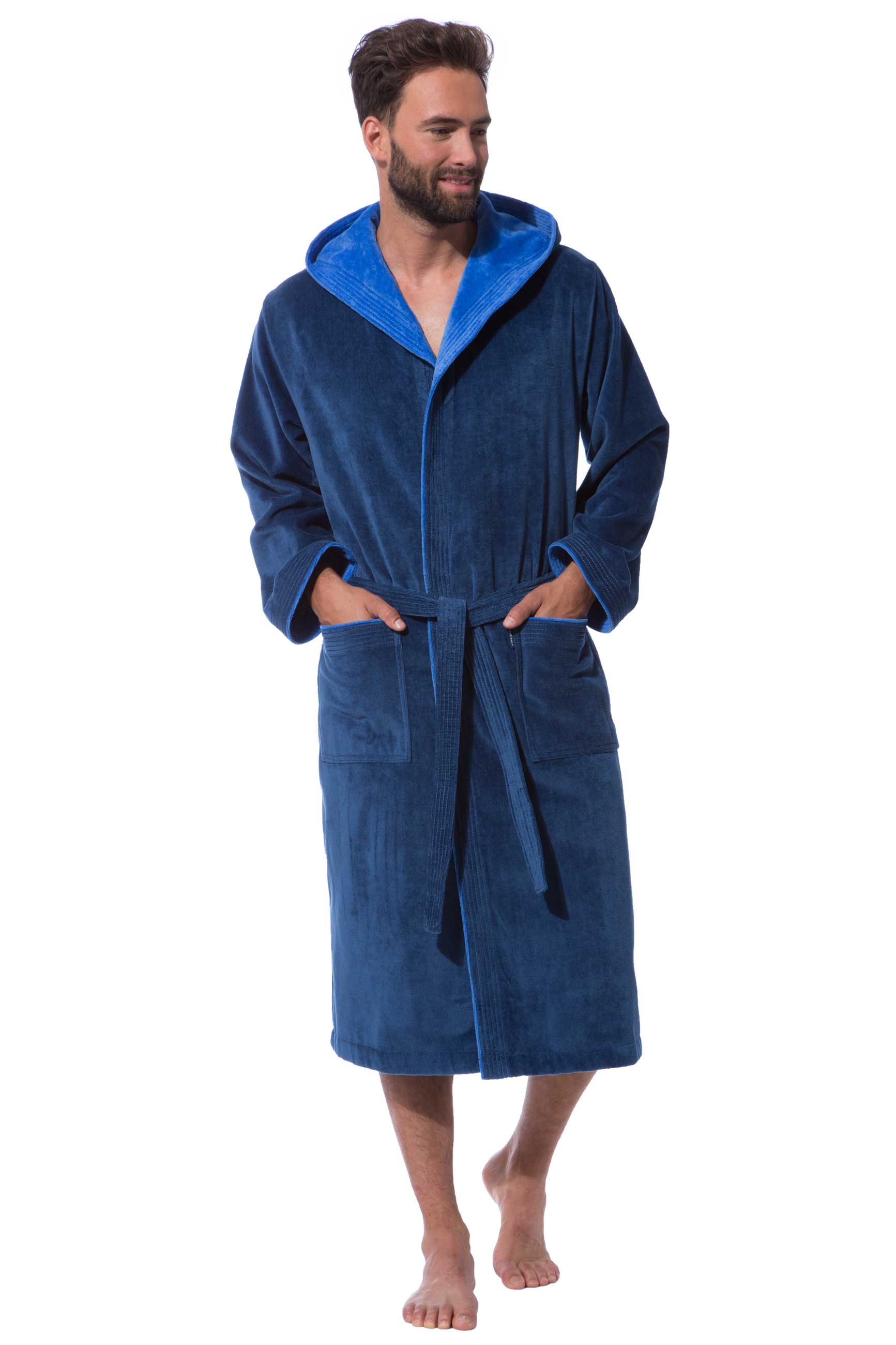 Morgenstern Bademantel Herren Kapuze, Baumwolle, Velours, Finn, blau Morgenstern Bademantel Herren Kapuze, Baumwolle, Velours, Finn, blau