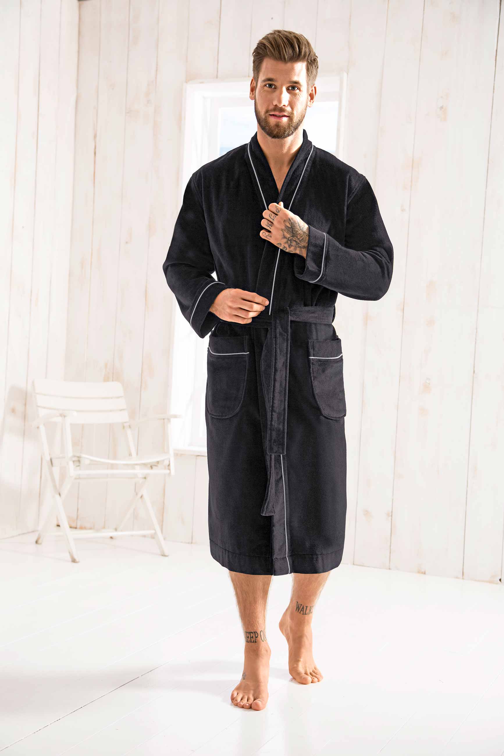 Morgenstern Bademantel Herren Kimono, Velours, Lou, schwarz Morgenstern Bademantel Herren Kimono, Velours, Lou, schwarz