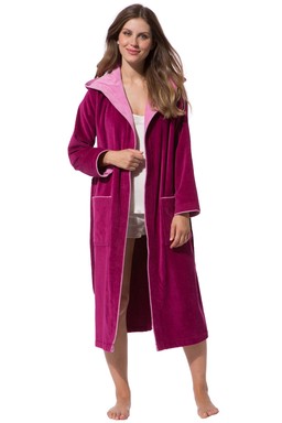 Morgenstern Bademantel Damen Kapuze, Baumwolle Velours, Leonie, fuchsia