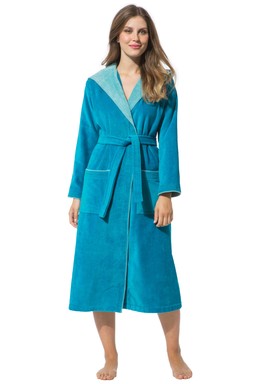 Morgenstern Bademantel Damen Kapuze, Baumwolle Velours, Leonie, petrol