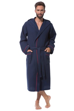 Morgenstern Bademantel Herren Kapuze, Waffelpique, Ben, marine blau