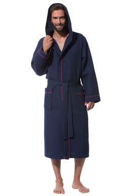 Morgenstern Bademantel Herren Kapuze, Waffelpique, Ben, marine blau