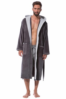 Morgenstern Bademantel Herren Kapuze, Baumwolle, Velours, Finn, grau/hellgrau