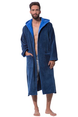 Morgenstern Bademantel Herren Kapuze, Baumwolle, Velours, Finn, blau