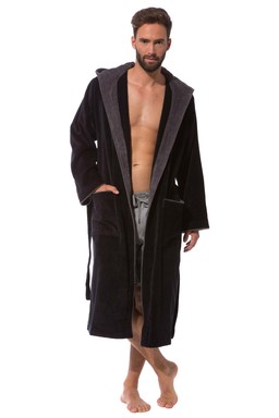 Morgenstern Bademantel Herren Kapuze, Baumwolle, Velours, Finn, schwarz