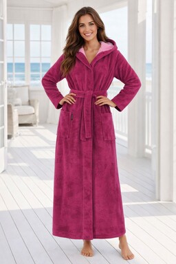 Morgenstern Bademantel Damen Kapuze, Multifaser, extra lang, Geena, fuchsia