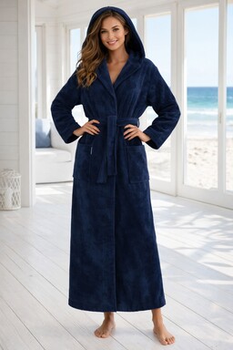 Morgenstern Bademantel Damen Kapuze, Multifaser, extra lang, Geena, Marineblau