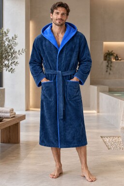 Morgenstern Bademantel Herren Kapuze, Baumwolle, Velours, Finn, blau