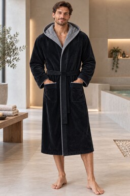 Morgenstern Bademantel Herren Kapuze, Baumwolle, Velours, Finn, schwarz