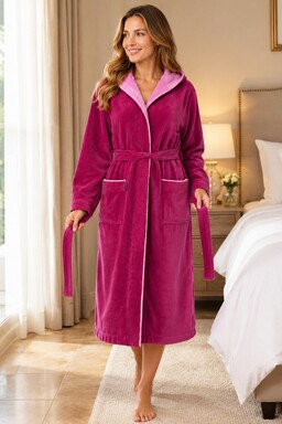 Morgenstern Bademantel Damen Kapuze, Baumwolle Velours, Leonie, fuchsia