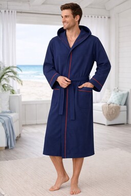 Morgenstern Bademantel Herren Kapuze, Waffelpique, Ben, marine blau
