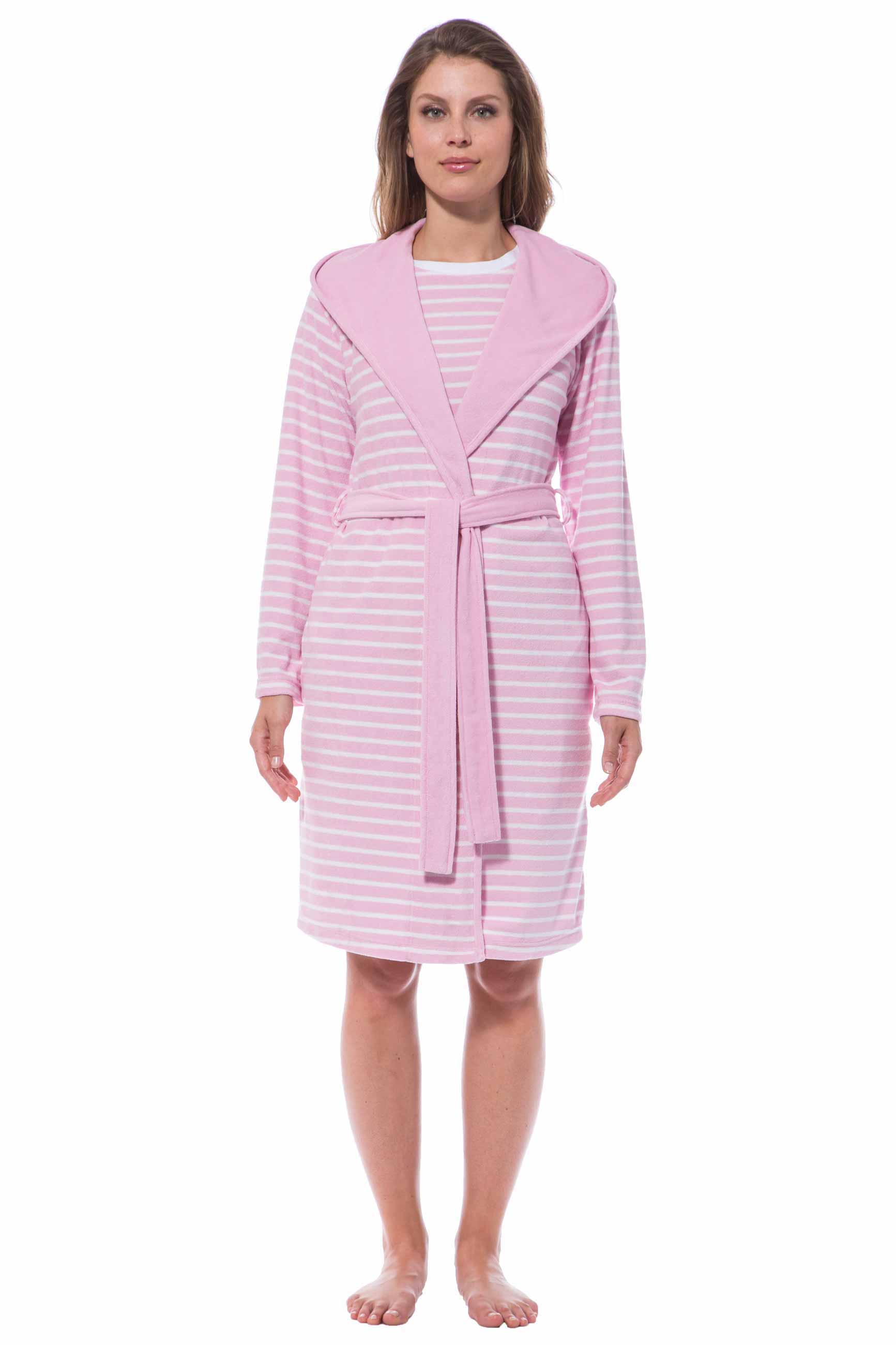 Morgenstern Bademantel Damen Kapuze, leicht, Frottee, Aurelia, rosa-weiß Morgenstern Bademantel Damen Kapuze, leicht, Frottee, Aurelia, rosa-weiß