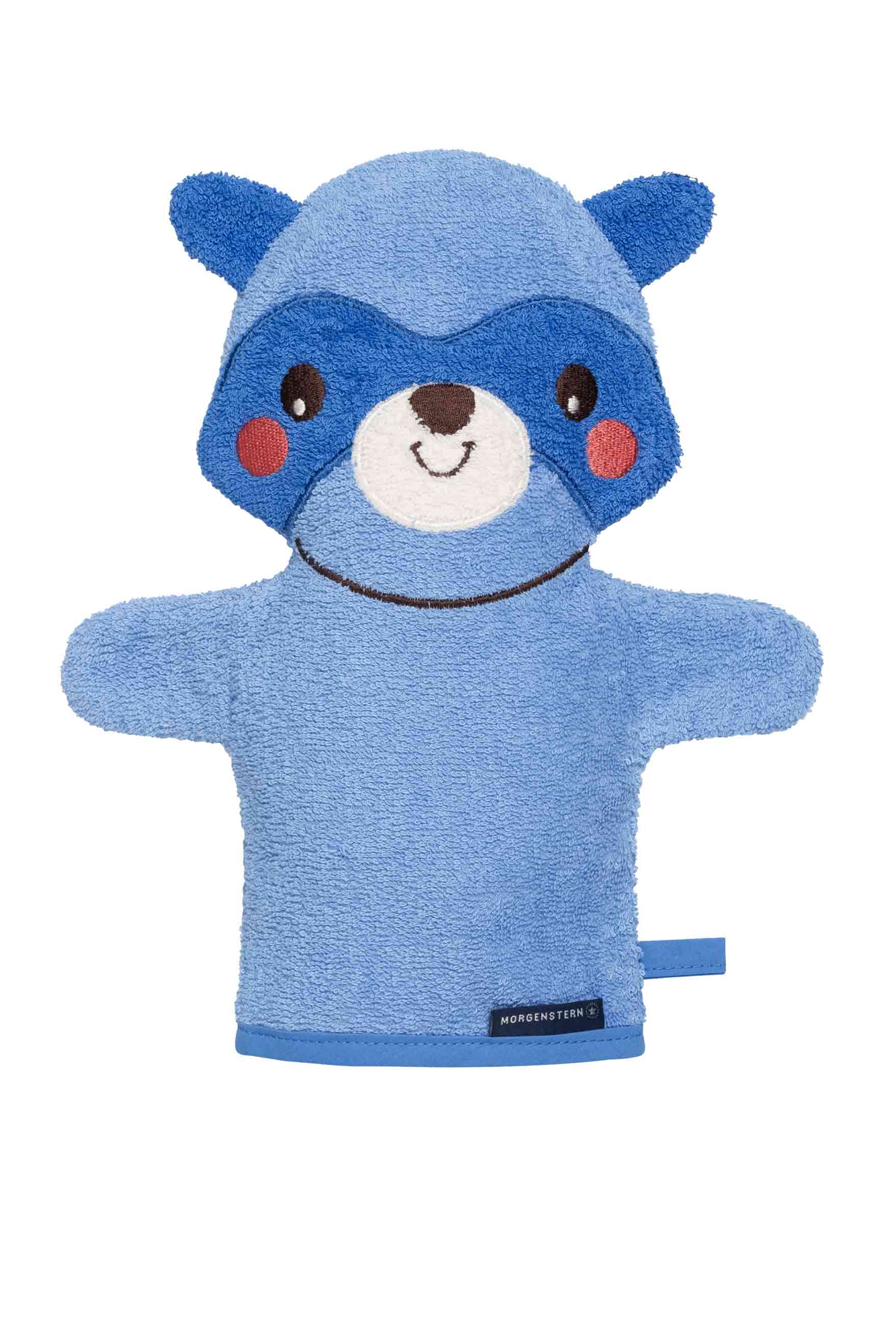 Figur-Waschhandschuh, reine Bio-Baumwolle, Waschbär, blau Figur-Waschhandschuh, reine Bio-Baumwolle, Waschbär, blau