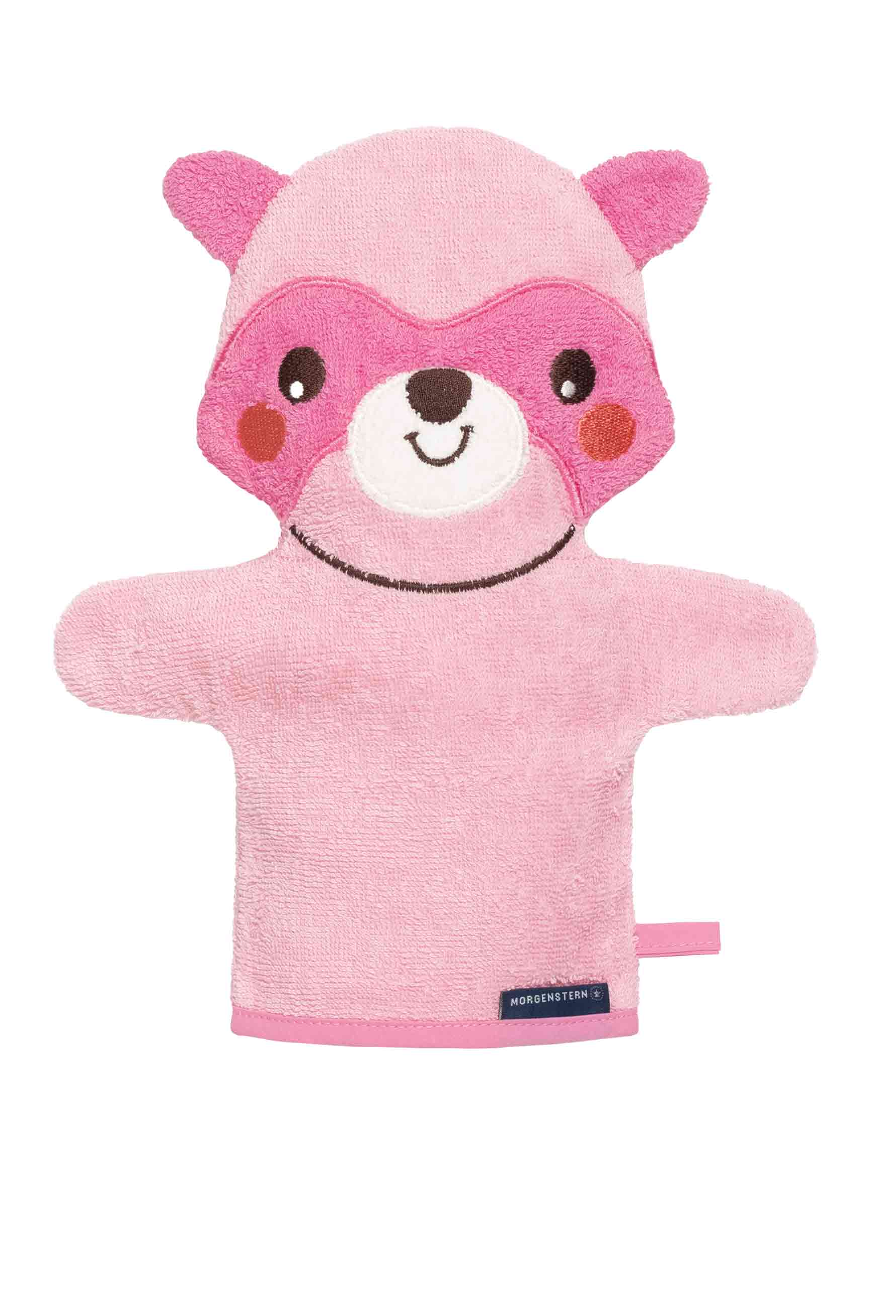 Figur-Waschhandschuh, reine Bio-Baumwolle, Waschbär, rosa Figur-Waschhandschuh, reine Bio-Baumwolle, Waschbär, rosa